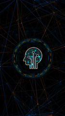 Poster - Blue digital Robot head with circle futuristic HUD elements and orange line connection with artificial intelligence robot assistant machine learning on vertical abstract background