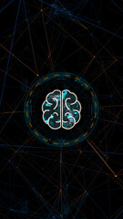 Fototapete - Blue digital brain logo with circle futuristic HUD element and orange line connection with artificial intelligence robot assistant machine learning on vertical abstract background