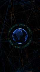 Poster - Blue digital earth sphere with circle futuristic HUD elements and orange line connection technology on vertical abstract background concepts