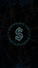 Poster - Blue digital money logo with circle futuristic HUD elements and orange line connection with crypto currency finance and digital money technology concepts vertical abstract background