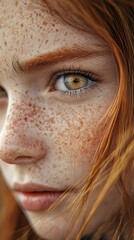 Wall Mural - Close-up Portrait of a Young Woman with Freckles and Green Eyes