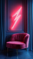 Sticker - Red neon sign illuminating a luxurious velvet armchair in a dark room