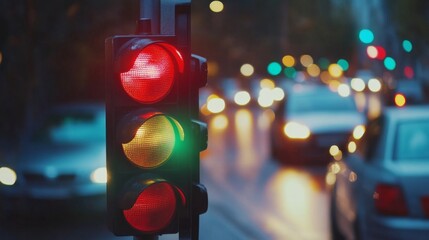 Aufkleber - A close-up shot of a traffic light changing from red to green, with cars waiting in line, emphasizing the importance of traffic signals in managing road safety.