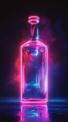 Wall Mural - Empty glass bottle glowing with pink and blue neon light