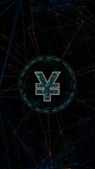 Poster - Blue digital money logo with circle futuristic HUD elements and orange line connection with crypto currency finance and digital money technology concepts vertical abstract background