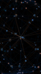 Poster - Blue digital ai icons linked on grid mesh and line connection on futuristic abstract background technology artificial intelligence assistant vertical video concept