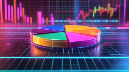 Leinwandbilder - A colorful 3D pie chart with vibrant, segmented slices, floating above a digital grid, representing different business metrics in a futuristic setting.