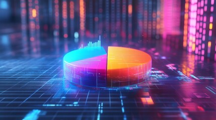 Leinwandbilder - A colorful 3D pie chart with vibrant, segmented slices, floating above a digital grid, representing different business metrics in a futuristic setting.