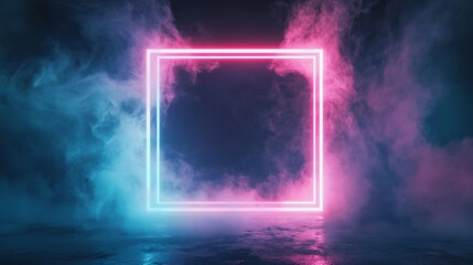 Wall Mural - Neon square frame glowing in the dark with smoke background