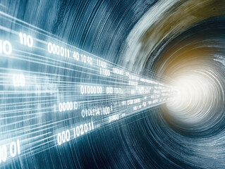 Poster - Digital data flow numbers moves in round tunnel