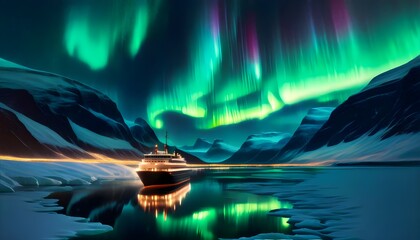 Wall Mural - Majestic northern lights illuminating a serene road journey under the enchanting aurora borealis