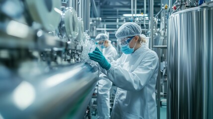 Poster - Workers in protective gear inspect machinery in a food processing facility during daylight hours, ensuring quality control