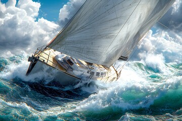 Wall Mural - Sailing through turbulent waves on a sunny day at sea