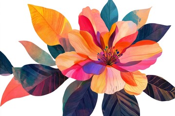 Wall Mural - A painted illustration of a flower with leaves in various vibrant colors isolated on a white background