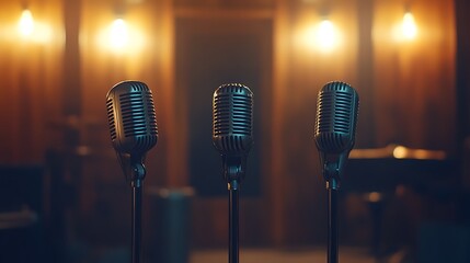 Three vintage microphones on stands in a dimly lit recording studio.