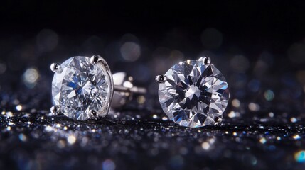 Aufkleber - A detailed macro shot of sparkling diamond earrings, showcasing the clarity and brilliance of the stones against a dark background, ideal for luxury jewelry promotions.