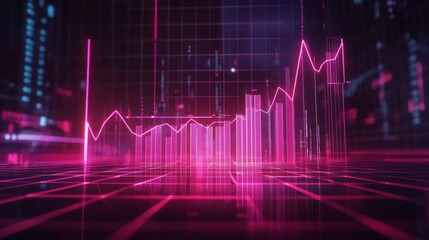 Fototapete - A digital 3D financial bar chart with bars rising from a grid-like surface, showing upward trends in investment returns, with neon lines and glowing financial symbols.