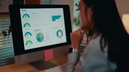 Poster - Businesswoman is reviewing financial data displayed on her computer screen. She is pointing at charts and graphs, analyzing the information
