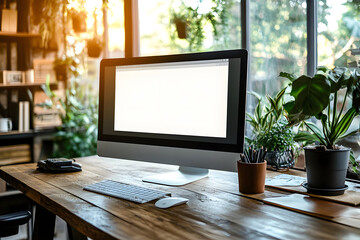 Poster - mock up of blank computer screen on a wooden table