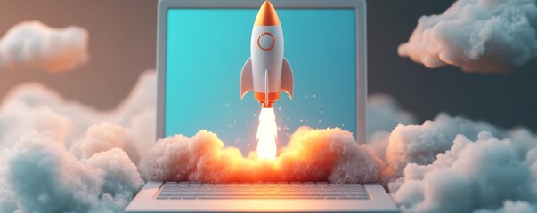 Canvas Print - Rocket taking off from laptop keyboard in cloud computing concept