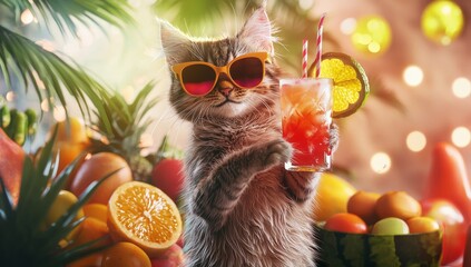 Graphic illustration depicting a cute feline with sunglasses enjoying a tropical fruit cocktail, evoking summer vibes and vacation spirit