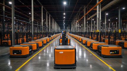 Poster - automated delivery robots lined up in a modern warehouse during daylight hours, showcasing advanced 