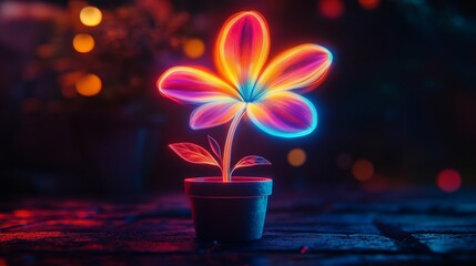 Sticker - Bright neon flower glowing in pot at night with bokeh lights background