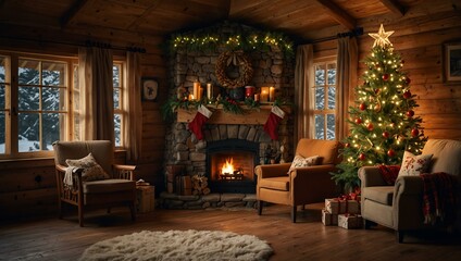 christmas corner in a cabin with a decorated tree and a warm chair.