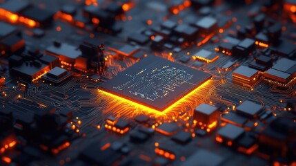 Canvas Print - High-tech microchip amidst vibrant circuitry, symbolizing innovation in electronics and computing technology.