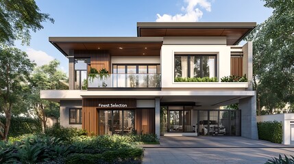 Modern two-story house with a flat roof, large windows, and a spacious driveway. The house is surrounded by lush greenery and has a contemporary design.