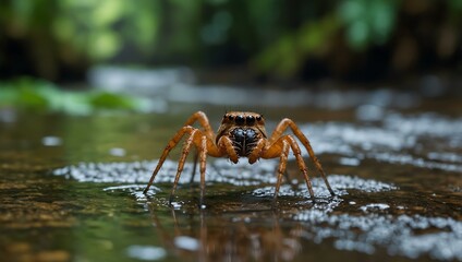 Wall Mural - Close-up of a spider by a jungle stream.