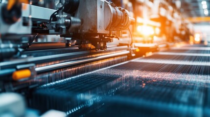 Canvas Print - Industrial machinery operates in a factory during the early morning, producing high-quality materials for various applications