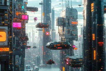Poster - hyper advanced metropolis of towering skyscrapers geometric architecture gleaming metal and glass structures and floating transport modules with holographic signage and vibrant neon hues