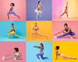 © Prostock-studio - A group of multiethnic women showcases different workout routines in vibrant, colorful settings. Each person performs a distinct exercise, emphasizing strength and flexibility while promoting fitness.