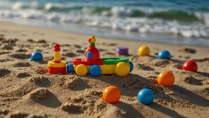 Colorful toys on the sand with ocean waves.