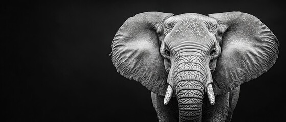 Close-up portrait of an African elephant in black and white.