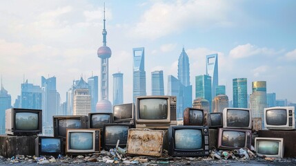 An enormous pile of electronic computer monitor screen display waste and garbage for recycling in a city background Recycling and reusing environment concept.