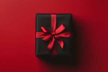 The black gift box with a vibrant red ribbon creates a striking contrast on a red surface, ideal for celebrations or special moments