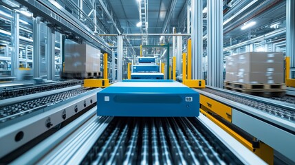 Poster - conveyor system transporting packages in a modern warehouse during the day