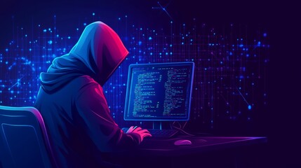 A hooded figure coding at a computer, surrounded by digital data visuals.