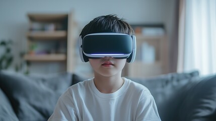 An Asian boy enjoys metaverse gaming with a wearable VR headset