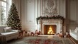 © vannet - Luxury living room with white fireplace and Christmas decoration.