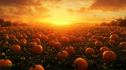 sunset over a pumpkin patch filled with pumpkins.