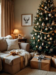 Cozy space featuring a decorated Christmas tree and gifts.