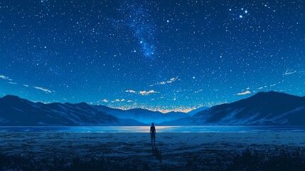 A man standing on a sandy beach under a sky filled with stars