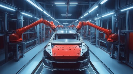 Poster - robotic arms assembling a car in a modern automotive factory during the evening shift with advanced 