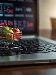 Wall Mural - Digital shopping cart on a laptop representing online commerce.