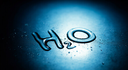 Poster - Water droplets on the surface forming H2O molecules in a close-up view with a dark background