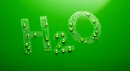 Poster - Water droplets on green surface creating H2O text design refreshing aesthetic