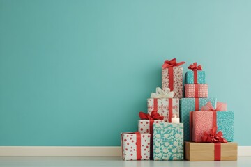 Sticker - Brightly wrapped gift boxes are stacked near a teal wall, creating a cheerful atmosphere for holiday celebrations